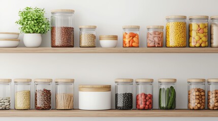 Stylish kitchen shelf with jars containing different grains, legumes, and vegetables, enhancing organization and aesthetics.