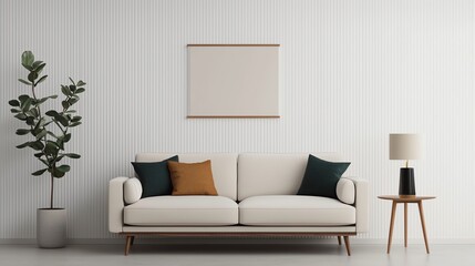 Stylish living room featuring a modern sofa, decorative pillows, plant, lamp, and minimalist artwork for a fresh aesthetic.