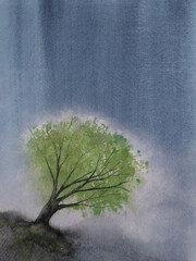 watercolor ink wash painting landscape tree and waterfall traditional oriental ink asian art style.