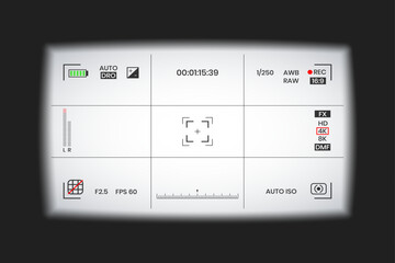 Camera viewfinder video or photo frame recorder flat style design vector illustration. Digital camera viewfinder with exposure settings and focusing grid template.