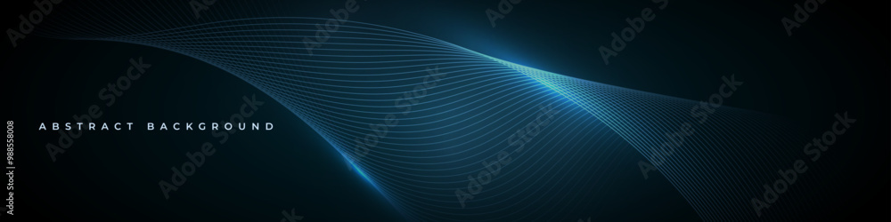 Poster Glowing blue wavy lines on abstract technology dark blue background. Digital hi-tech elegant wide vector illustration with particle striped wave lines