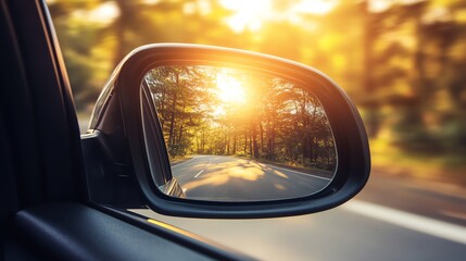 A car's side mirror reflecting a road through the forest at sunset.