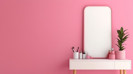 Stylish vanity with a mirror against a pink wall, featuring plants and organized beauty items for a modern aesthetic.