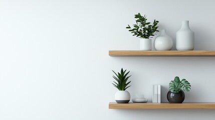 Stylish shelves displaying modern decor and various plants, creating a serene and inviting atmosphere in any space.