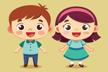 Happy cartoon kids are playing joyfully, smiling and enjoying each other's company in a bright animated setting, a cartoon character Cute children boy and girl happy