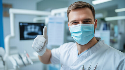 A dentist wearing a mask and gloves, smiling behind the mask with a thumbs up, standing next to a dental chart and instruments in a modern clinic.
