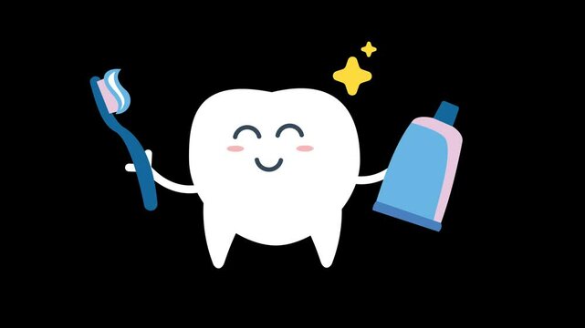 animated cartoon illustration of a tooth character holding a toothbrush and toothpaste, dental health concept, alpha channel background, looping animation