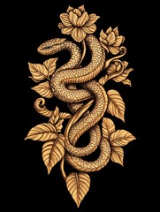 Fototapeta premium A golden snake coiled around a blooming flower with leaves, set against a black background.