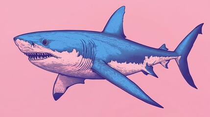 Fototapeta premium Stylized illustration of a fierce shark swimming against a vibrant pink background, showcasing underwater beauty and power.