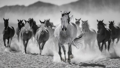 Obraz premium Horse portrait in motion. Horse portrait in herd in motion in desert dust. Black and white 
