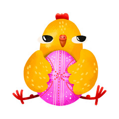 Yellow chick with painted egg. Easter. Cartoon illustration with chicken. Easter spring illustration on isolated background © Ilona