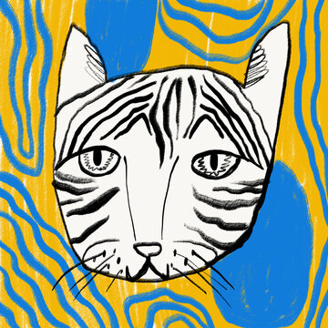 Whimsical Cat Illustration with Vibrant Background