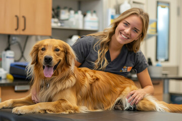 Happy Dog at Pet Grooming Salon with Smiling Groomer in Modern Facility