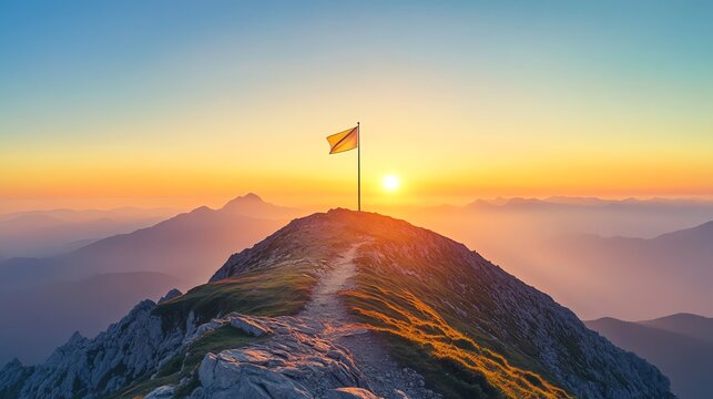 A road leads to a mountaintop with a flag at sunset.