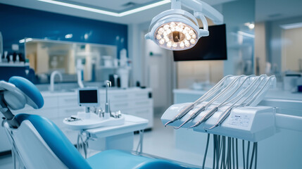 A dentist lowering the overhead lamp, ready to examine the patientâs teeth, with their tools neatly organized and gleaming under the clinic lights.