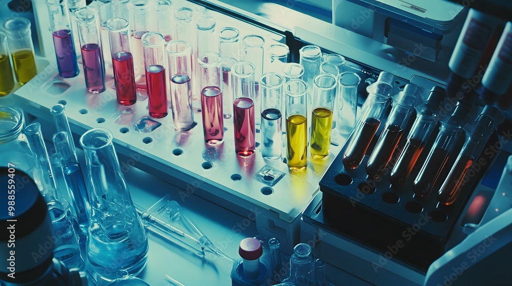 Poster colorful liquids in test tubes and flasks on a lab table