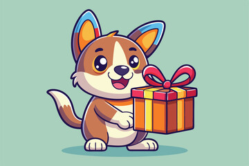 A cute cartoon dog happily holds a colorful gift box with a big smile, a cartoon character Cute dog cartoon with gift box