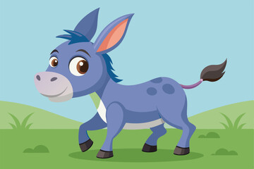 Fototapeta premium The cheerful donkey strolls through the green grass, enjoying a lovely sunny day, a cartoon character cute donkey cartoon walking