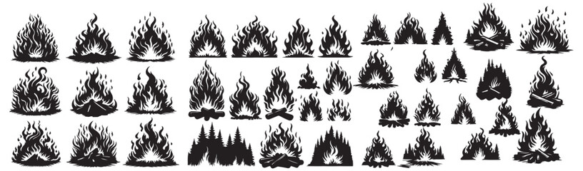bonfire border flames black silhouette set. Stamp flame energy fiery explosion vector illustration design black and white art