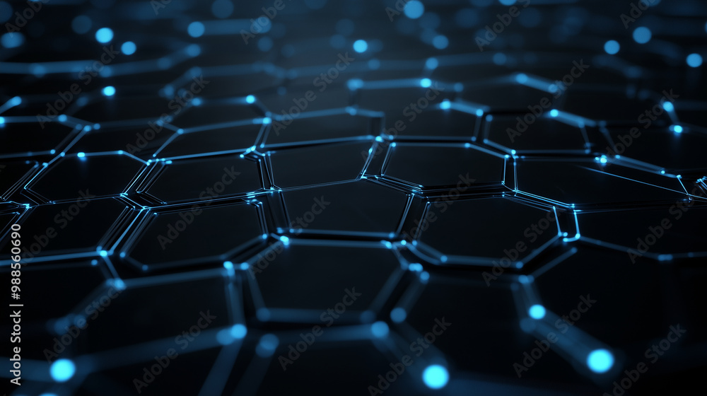 Poster a glowing network of interlocking hexagons, evoking high-tech connectivity and innovation.