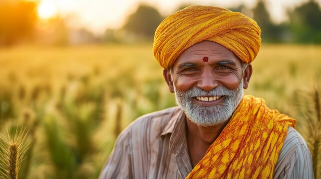Portrait of an Indian rural farmer smiling in golden wheat fields during sunset, showcasing the essence of agricultural life