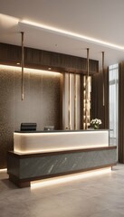 3d reception interior hotel spa illustration  design office interior hotel reception contemporary architecture light modern desk indoor wall armchair furniture ceiling building decoration decor frame
