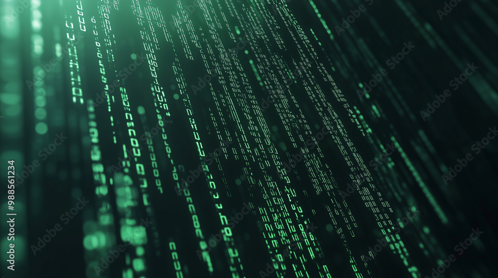 Poster a digital matrix of binary code cascading down, in glowing green, reminiscent of classic sci-fi visu