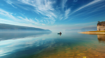 Fototapeta premium Serene lake with crystal-clear water on the left side and a sandy shore on the right and a lone fisherman in a small boat in the center and under a sky with a few wispy clouds. 
