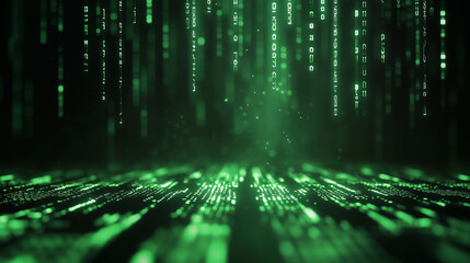 A digital matrix of binary code cascading down, in glowing green, reminiscent of classic sci-fi visuals.