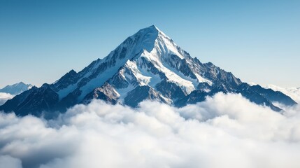 A snow-capped mountain peak piercing the clouds, its towering summit inviting adventure and exploration in 8K