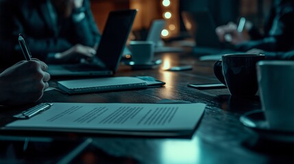 Public relations team collaborating on a press release in an office environment with laptops and coffee at the table