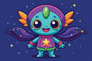 A cheerful cartoon character with colorful wings stands vibrantly against a galaxy backdrop, a cartoon character Cute Galaxy