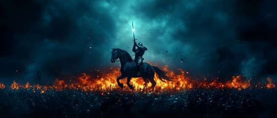 A striking image of a fearless warrior astride a mighty steed, wielding a gleaming sword against the backdrop of a stormy battlefield