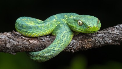 Obraz premium Green Viper Snake Wrapped Around A Branch Striking A Pose With Lush Scales Against A Dark Backdrop