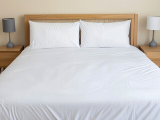 Empty big beige bedroom with white bed, pillows and two gray bedside lamps