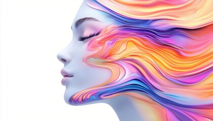 A stunning hyper-realistic portrait of an AI goddess with radiant eyes, flowing hair, and ethereal aura, surrounded by an explosion of vibrant colors and intricate textures