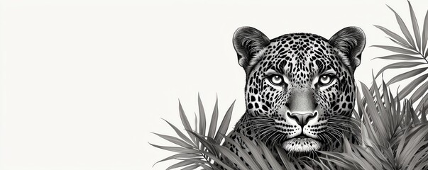Obraz premium A majestic leopard peers through lush green leaves, showcasing its striking features and captivating gaze amidst a serene background.