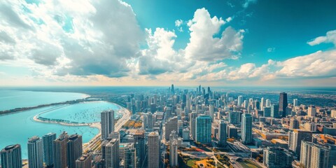 Naklejka premium Experience breathtaking aerial views of a stunning modern city by the beautiful shoreline