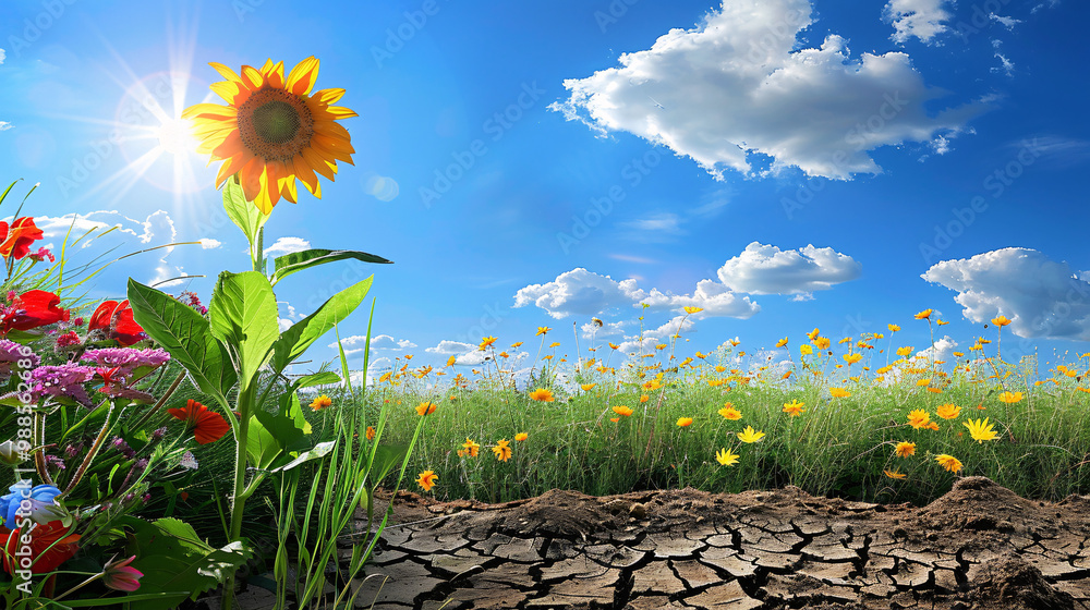 Poster serene meadow with wildflowers on the left side and a dry patch of earth on the right and a single s