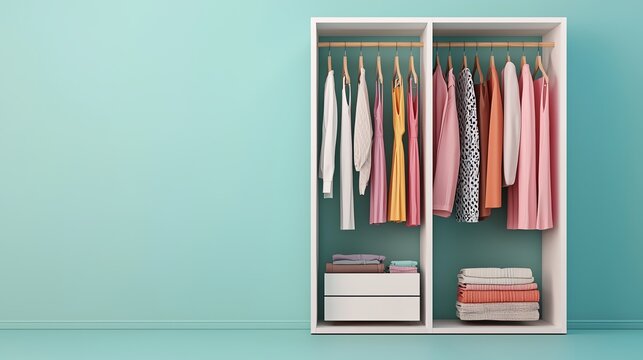 A modern wardrobe displaying neatly arranged clothes and folded towels in a vibrant, stylish interior setting.