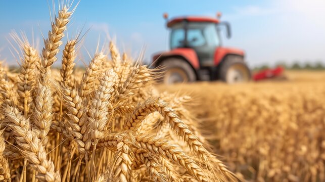 Close-up of wheat stalks with a tractor in the background during harvest. Concept of farm-to-table, local agriculture, and sustainable food production.