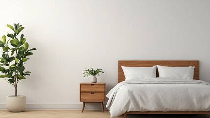 A serene bedroom featuring a comfortable bed, wooden furniture, and lush greenery, perfect for relaxation and tranquility.