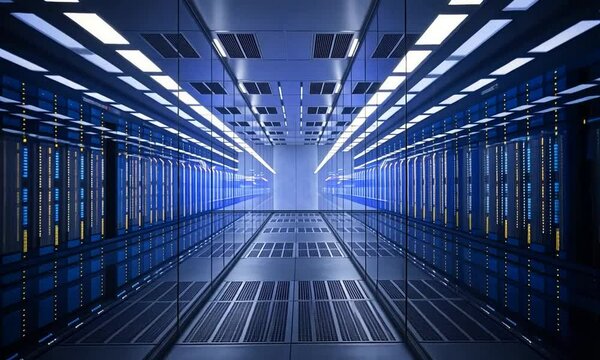 Data servers located behind glass panels in the server room of a data center or Internet service provider help facilitate the flow of digital information between networks.