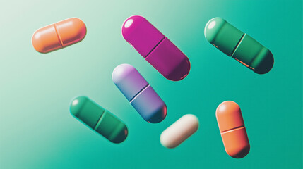 Colorful pharmaceutical capsules floating in mid-air. Concept of modern medicine, healthcare innovation, pharmaceuticals, drug development, supplements, and medication advancements.