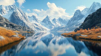 Obraz premium A quiet mountain lake surrounded by snow-capped peaks, with perfectly still water reflecting the rugged landscape.