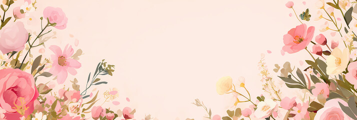A delicate floral border of soft pink and white flowers on a blush background.