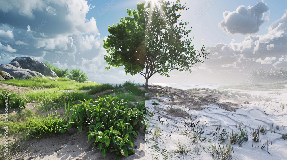 Poster serene park with flourishing vegetation on the left and a sandy patch on the right and highlighting 