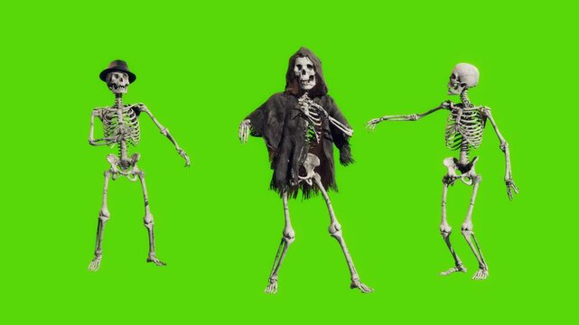 Funny skeletons dancing on green screen