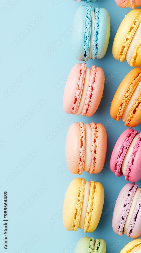 Poster brightly colored macaroons arranged in a neat row.