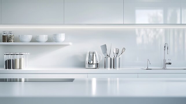Elegant kitchen with sleek countertops and minimal utensils, wid eangle, bright lighting.